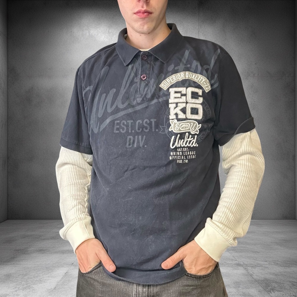 Vintage Ecko Unltd Polo Shirt XL Grey Y2K Skater Streetwear Boxy Fit Graphic
